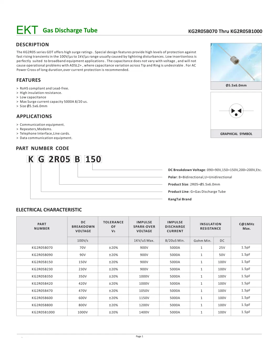 Gas Discharge Tube Gdt Kg2r05 for Communication Equipment